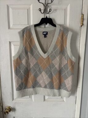 Lands' End Cream, Gray & Tan Argyle V-Neck Sweater Vest